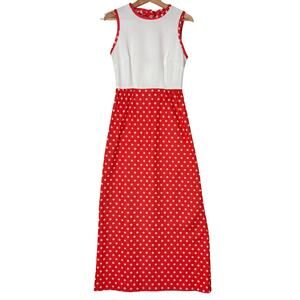 VTG 70s Polka Dot Textured Maxi Dress S/M Mod Retro Girly Union Made Great Shape